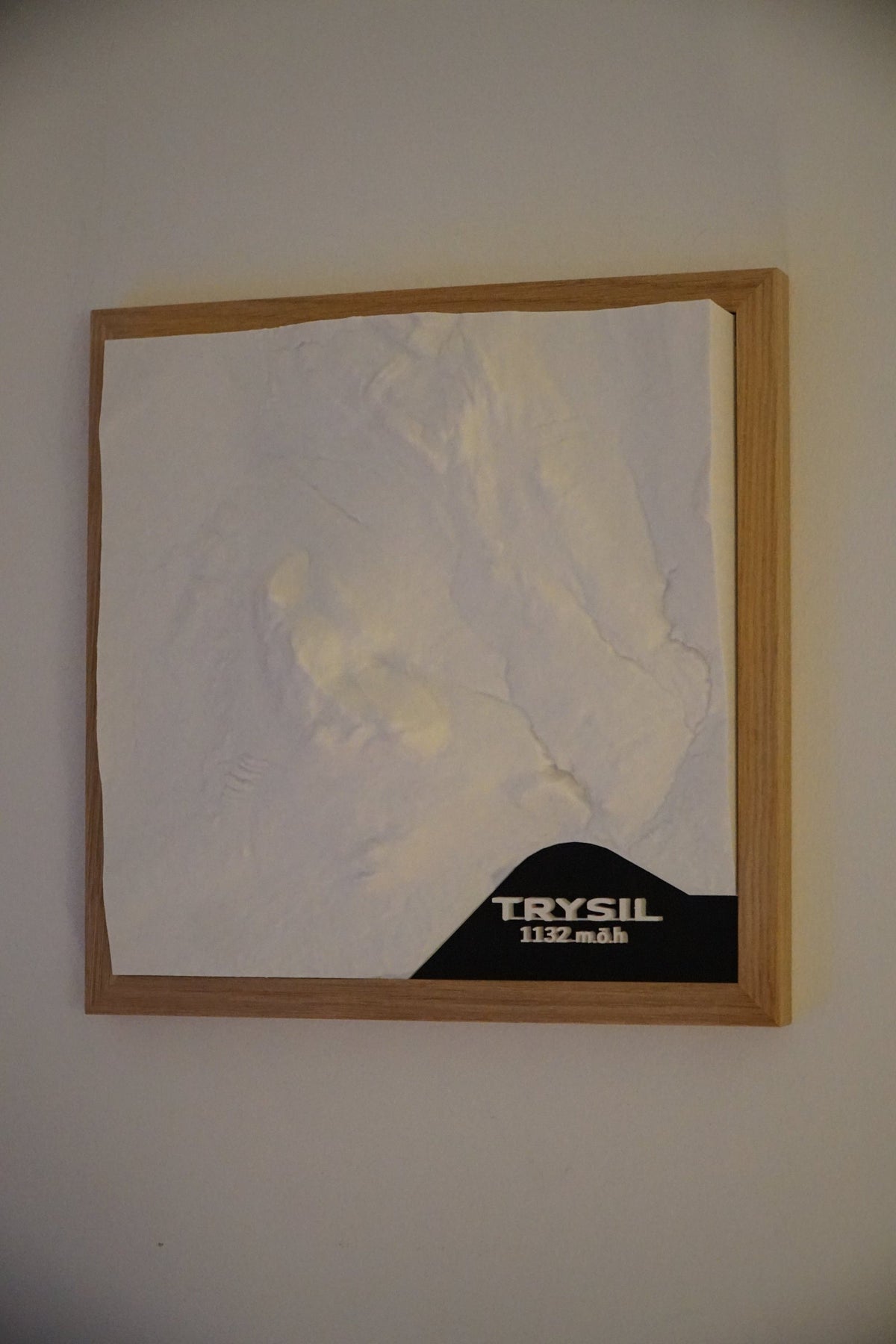 Trysil-tavlan i ekram på en ljus vägg, belyst snett från sidan så att terrängen kastar skuggor