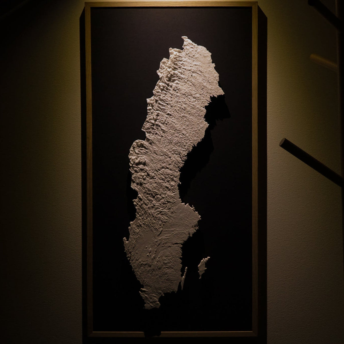 3D-relief av hela Sverige i ram, belyst från sidan så att fjällkedjan i nordväst träder fram