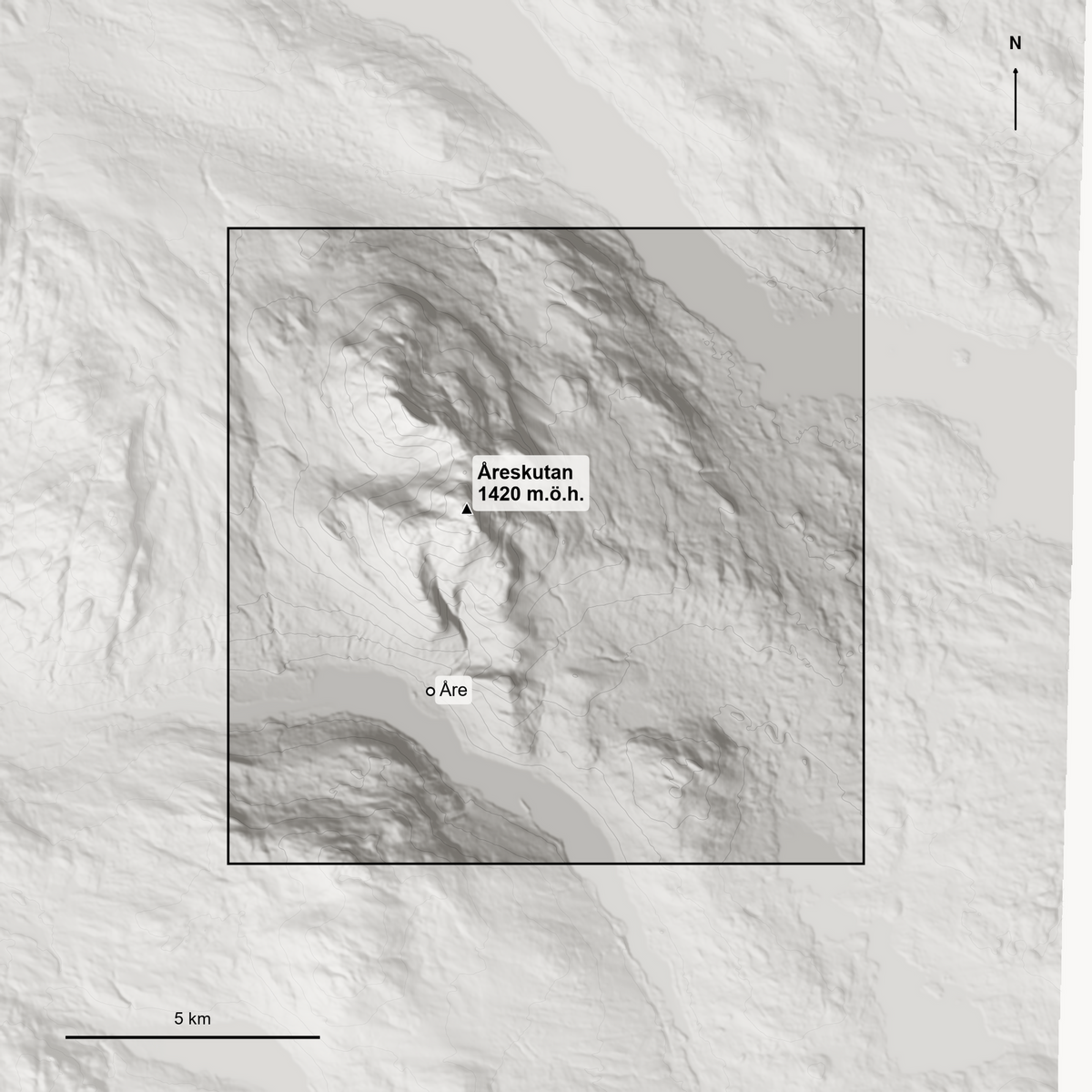 Höjdkarta över Åre med Åreskutan markerad 1 420 meter och byn vid sjön nedanför