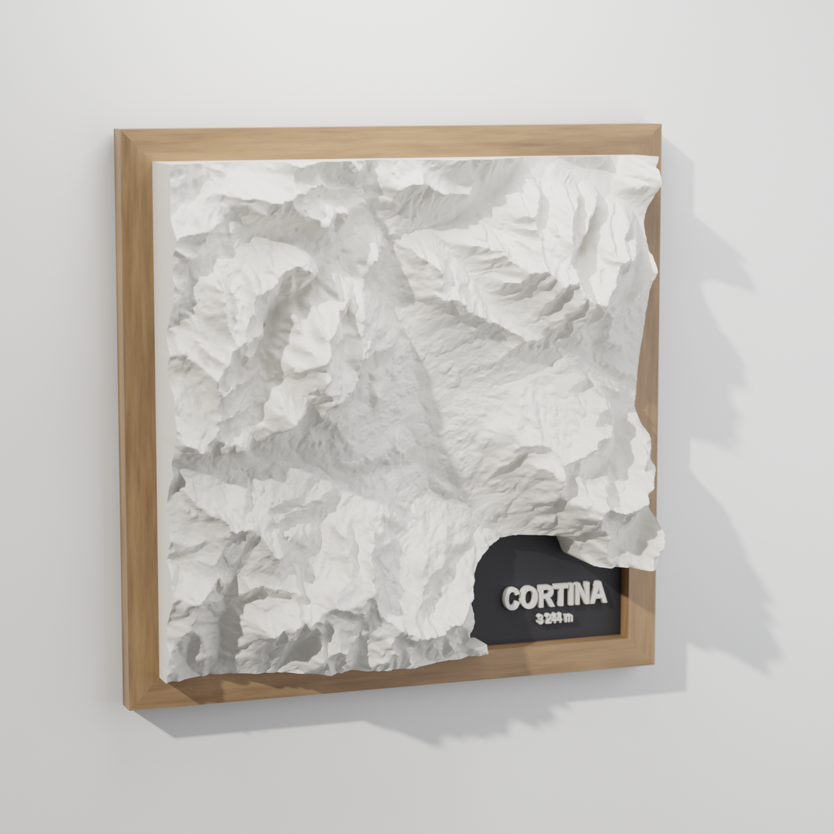 3D-relief över dalen vid Cortina d'Ampezzo i ekram, med de branta kalkstensmassiven runt dalgången