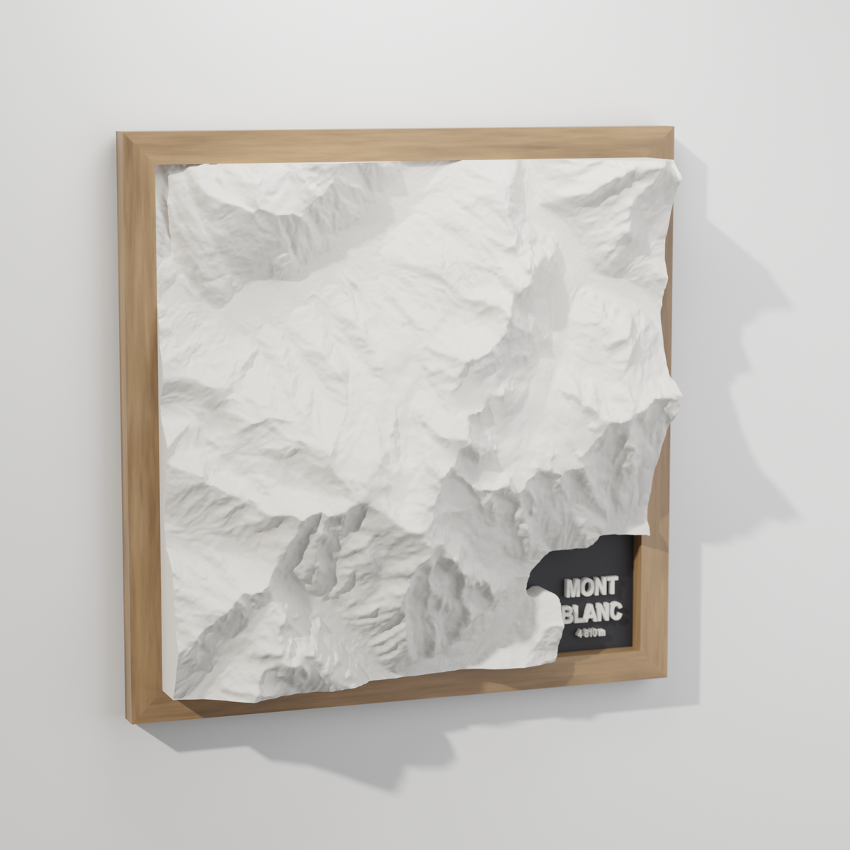 3D-relief över Mont Blanc-massivet i ekram, fotograferad snett från sidan så att glaciärernas former syns