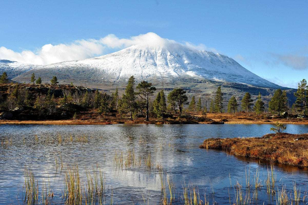 Snötäckta Gaustatoppen speglad i en tjärn med tallar i förgrunden
