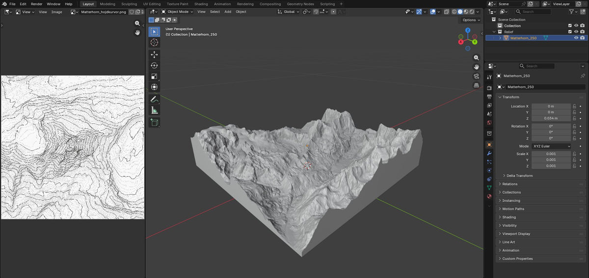 Matterhorns höjdmodell öppen i 3D-programmet bredvid sina höjdkurvor