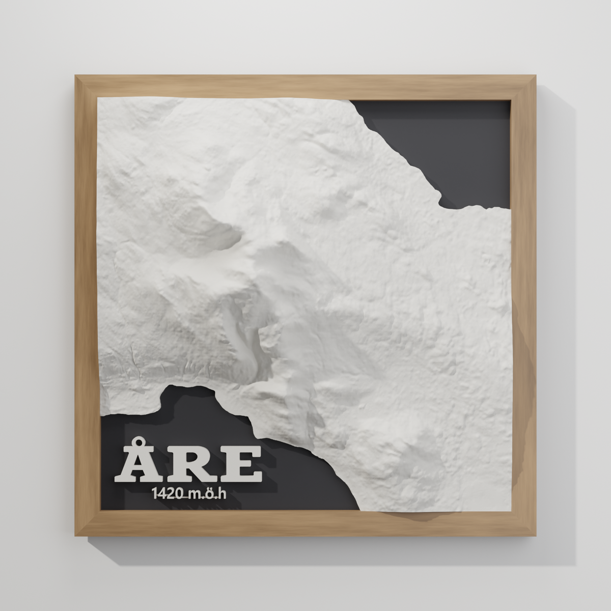 Åre 3D topografisk tavla i ekram, rakt framifrån - render av den sålda 3D-modellen
