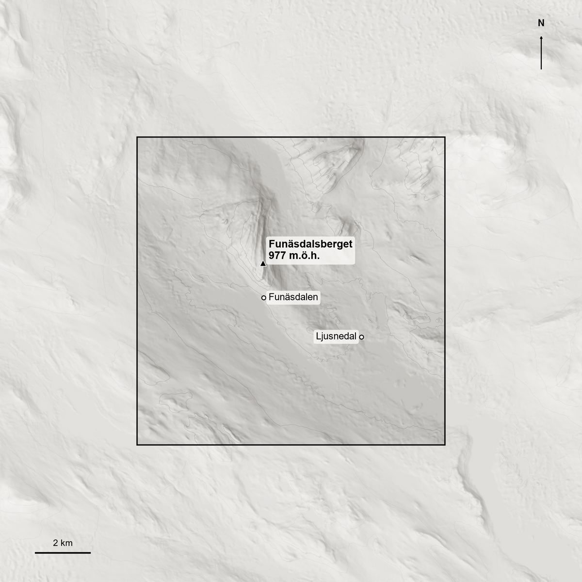 Funäsdalen - fönstret: exakt den ruta av terrängen som reliefen är skuren ur, 11 x 11 km