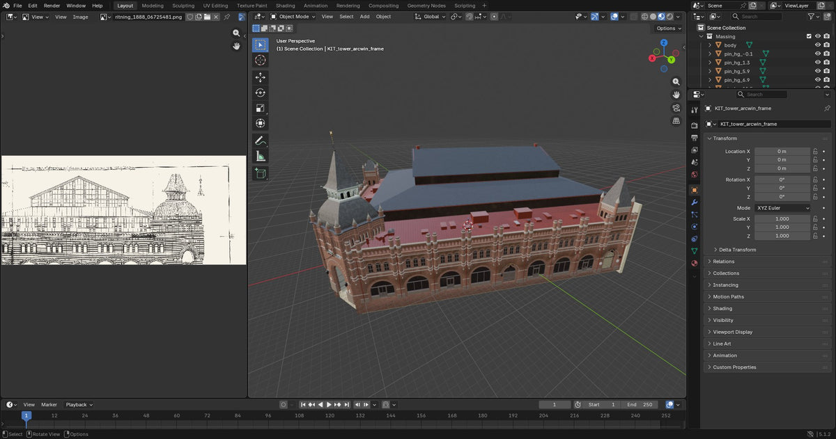 Skärmbild från vårt arbete: originalritningen från 1888 bredvid 3D-modellen av Östermalms saluhall
