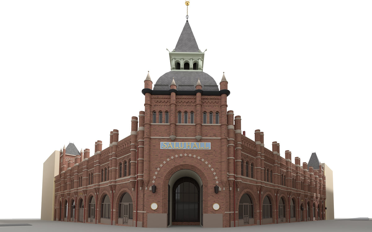 Östermalms saluhall som FRMD:s 3D-modell, renderad från samma plats och avstånd som fotografiet