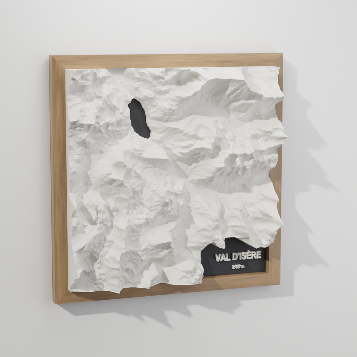 Val d'Isère 3D topografisk tavla i ekram, snett framifrån - render av 3D-modellen